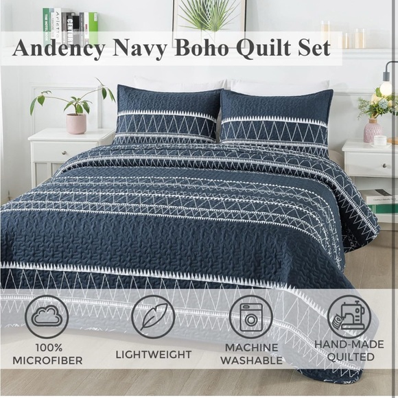 Bohemian SummerLightweight Reversible Microfiber NavyBlueQuiltSet CaliforniaKing - Picture 7 of 8